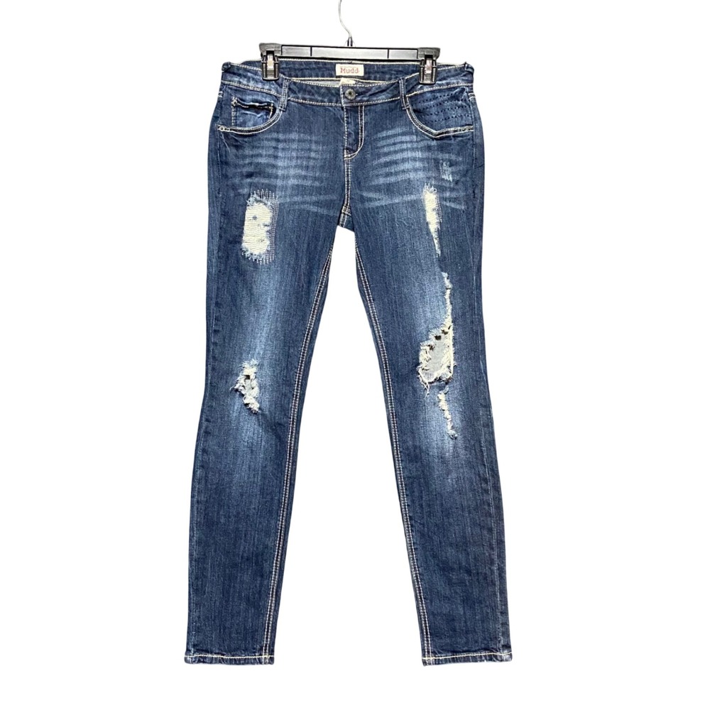Mudd Womens Size 11 Dark Wash Ripped Distressed Skinny Jeans Y2K Grunge Low Rise
